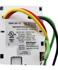 Back view of DSW-301-W-U Dual Tech Wall Switch Occupancy Sensor for 120/277VAC Lighting with wiring and labels visible.