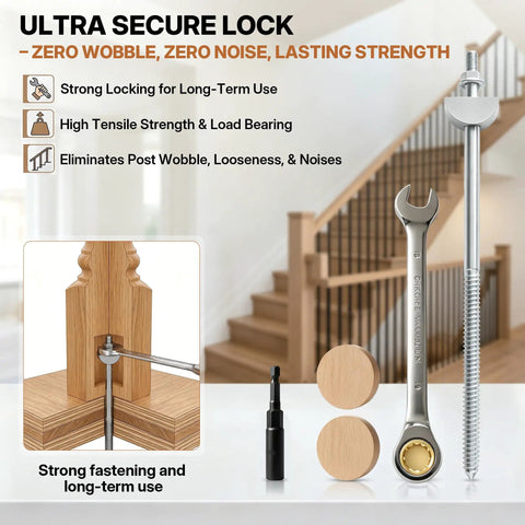 Heavy Duty Hidden Newel Post Mounting Kit With Rail Bolt Wrench And Rock Solid Base Plate Hardware For Wooden Stair Railing Deck Balusters No Fuss Setup with oak plugs and wrench.
