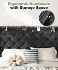 Heavy Duty Queen Bed Frame With Velvet Wingback Tufted Headboard And Built In Storage Shelf Noise Free Wood Slat Platform Base showcasing ergonomic velvet headboard with decorative storage.