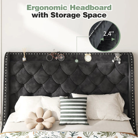 Heavy Duty Queen Bed Frame With Velvet Wingback Tufted Headboard And Built In Storage Shelf Noise Free Wood Slat Platform Base showcasing ergonomic velvet headboard with decorative storage.
