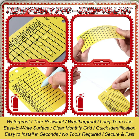 Must-Have Fire Extinguisher Monthly Inspection Tags 25 Pack With Adjustable Ties Yellow PVC Safety Labels For Indoor Outdoor Use Waterproof Tear-Resistant Plus Easy To Read 4 By 2.5 Inch