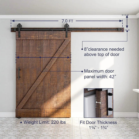Built Like A Tank 7 Foot Sliding Barn Door Hardware Kit with heavy duty steel tracks and dimensions for installation.