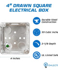 4 Inch Drawn Steel Electrical Box Set With 2 1/8 Inch Depth And 1/2 And 3/4 Inch Knockouts, 33 Cubic Inch Capacity, UL Listed