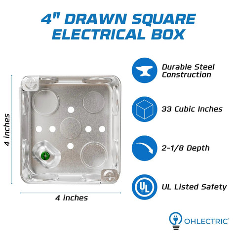 4 Inch Drawn Steel Electrical Box Set With 2 1/8 Inch Depth And 1/2 And 3/4 Inch Knockouts, 33 Cubic Inch Capacity, UL Listed