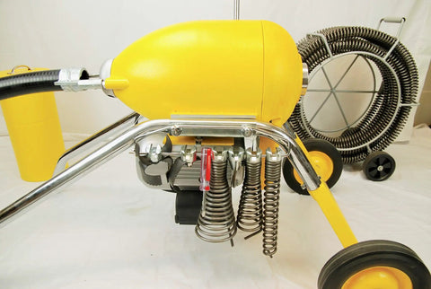 Heavy Duty Sectional Pipe Drain Cleaner With A Powerful 1.5 Hp Motor And 110V Setup featuring yellow motor and tough springs, close-up view.