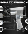 Knuckle Buster 71 Piece Pneumatic Air Tool Kit Featuring 1/2 Inch Impact Wrench showing detailed parts and features.