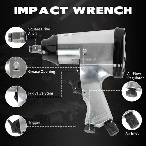 Knuckle Buster 71 Piece Pneumatic Air Tool Kit Featuring 1/2 Inch Impact Wrench showing detailed parts and features.