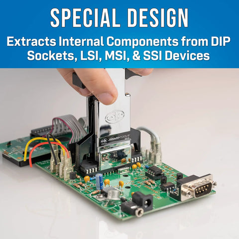 DIP And IC Extraction Tool For 24 To 40 Pin Chips With Grounding Lug Safe Chip Puller in use on circuit board.