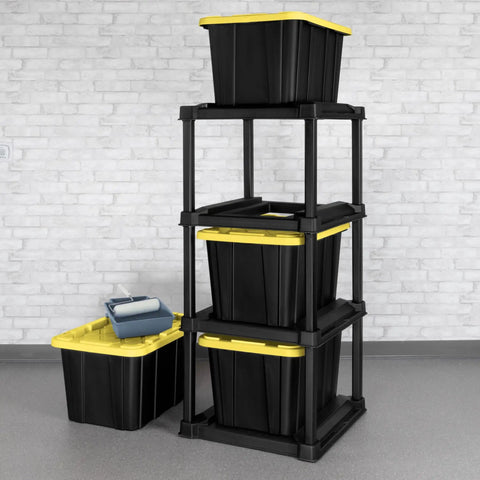 Four Tier Vertical Tote Storage Rack For Garage Organization Holds Four 27 Gallon Bins Heavy Duty Plastic Organizer