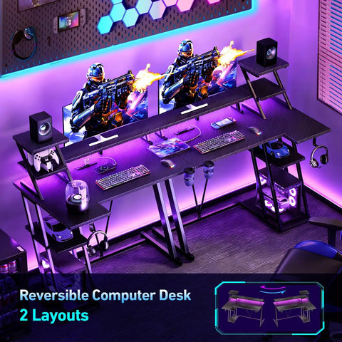 40 Inch Gaming Desk With LED Lights And Built In Power Outlets, L Shaped Corner Desk With Storage Shelves And Reversible Monitor Stand