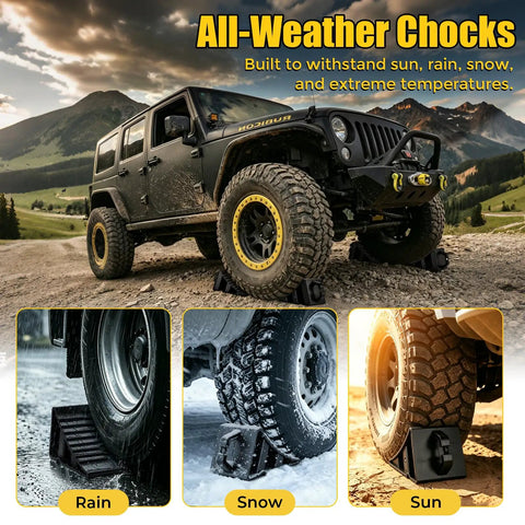 Rugged Heavy Duty Hard Plastic Wheel Chocks With Handles 2 Pack securing vehicle tires on rugged terrain, all-weather use.