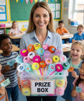 Teacher holding a prize box filled with Fluffy Pom Pom Pens 24 Pack Cute Plush Kawaii Novelty Pens for Kids and Adults, surrounded by smiling students.