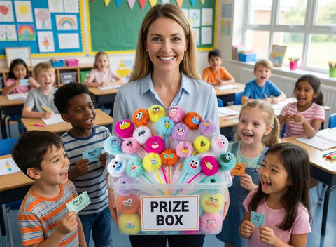 Teacher holding a prize box filled with Fluffy Pom Pom Pens 24 Pack Cute Plush Kawaii Novelty Pens for Kids and Adults, surrounded by smiling students.