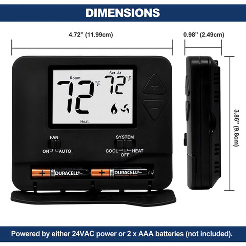 Non Programmable Digital Thermostat 2 Pack For Home Use 1 Heat 1 Cool Large LCD Display with dimensions shown, front view.