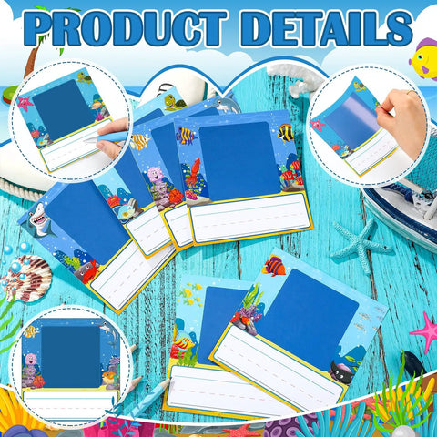 Ocean Themed Photo Nameplates For Desks 48 Pack Self Adhesive Name Tags With Photo Space Colorful Labels For Bins Cubbies And Bulletin Boards Totally Dope Indoor Desk Decor And Organization For Kids Rooms displayed on a turquoise table with sea decorations.