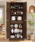 Heavy Duty 71 Inch Tall Farmhouse Pantry Cabinet With Genuine Barn Doors And Adjustable Shelves To Beat Kitchen Chaos And Level Up Your Whole Home Storage Game For Days, showcasing assorted dishes and beverages inside.