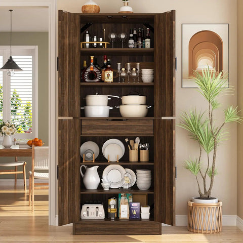 Heavy Duty 71 Inch Tall Farmhouse Pantry Cabinet With Genuine Barn Doors And Adjustable Shelves To Beat Kitchen Chaos And Level Up Your Whole Home Storage Game For Days, showcasing assorted dishes and beverages inside.