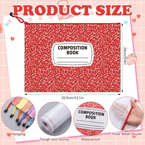 8 Pack Colorful Composition Notebook Mesh Zipper Pouch Bags 9x13 Inch A4 Letter Size Waterproof Zipper Pouches with red design
