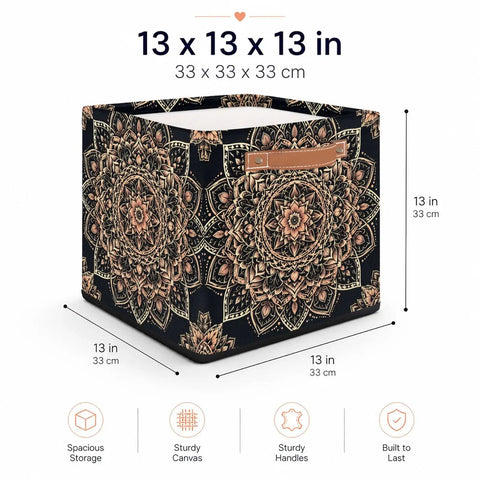Retro Bronze Mandala Foldable Storage Cubes, 13x13x13 in canvas bin with reinforced handles for organized storage.