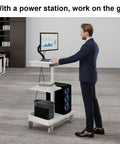 Heavy Duty White Rolling Mobile Workstation Cart With Smooth Gas Spring Height Adjustment For Sit Stand Daily Grind featuring a monitor and CPU holder.