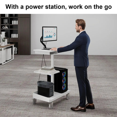 Heavy Duty White Rolling Mobile Workstation Cart With Smooth Gas Spring Height Adjustment For Sit Stand Daily Grind featuring a monitor and CPU holder.