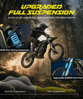 Heavy Duty 16000 Watt Electric Dirt Bike For Adults showing upgraded full suspension and rider jumping over terrain.