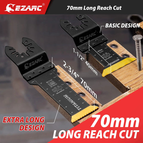 Titanium Oscillating Saw Blades Set For Metal Wood Nails Screws And Plastic Extra Long Two And Three Quarter Inch Reach Flush Cut Multitool Blades Three Pack Ideal For Tight Spaces And Long Reach Cuts displayed on wooden surface
