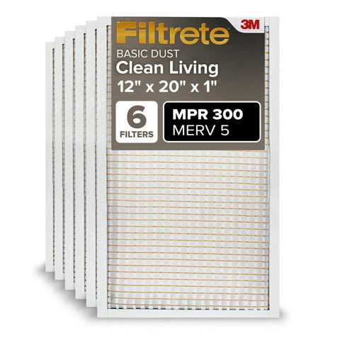 12x20x1 Air Filter For Furnace And AC, MERV 5, 6 Pack, Home HVAC, MPR 300 Basic Dust Defense displayed in packaging