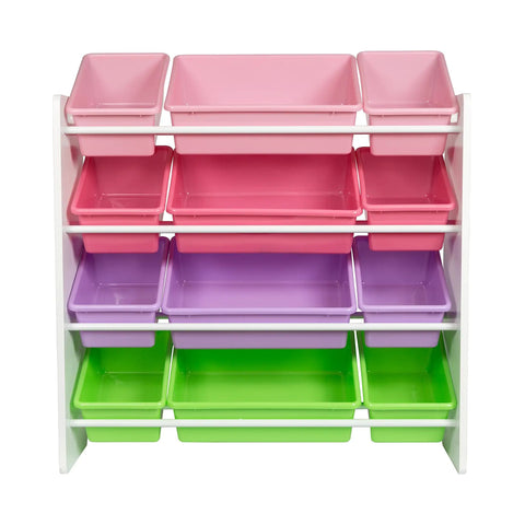 Kids Toy Storage Organizer With Bins In Pastel Colors, Wall Mounted Design With 12 Bins Across Four Tiers, BPA Free