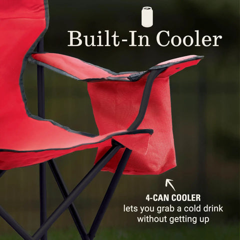 Close-up of red Portable Camping Chair With Built In Four Can Cooler, highlighting cushioned arm and cooler pouch.