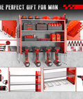 Red Wall Mounted Power Tool Organizer With Four Cordless Tool Holders And Side Hooks For Hammer Pliers And Drill Bits Garage Wall Storage To Keep Your Workspace Tidy And Ready For Quick Projects, shown fully assembled with tools.