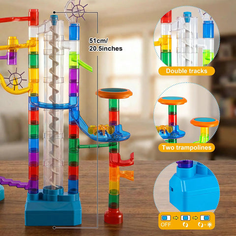 Glow In The Dark Marble Run Kit With 152 Pieces Featuring Motorized Spiral Lift Double Tracks Two Stunt Trampolines 20.5-inch tower