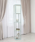 Gray Etagere Floor Lamp With 3 Shelves, 2 USB Ports, 1 Charging Outlet, Linen Shade, Soft Warm Glow standing in a living room.
