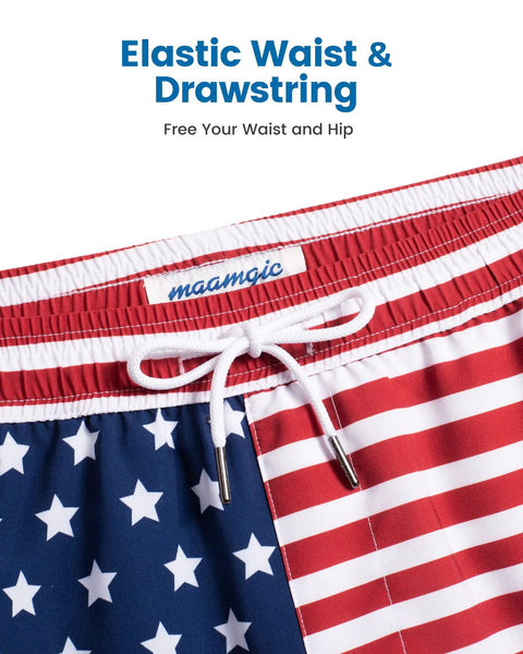 2 In 1 Mens Swim Trunks With Built In Compression Liner For Support 7 Inch Board Shorts American Flag Design waistband detail