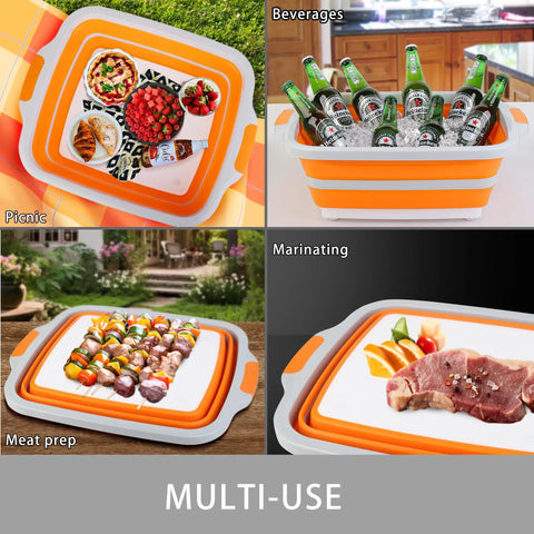 Large Collapsible BBQ Prep Tub With Lid 4.22 Gal 16L Foldable Camping Sink showing picnic, beverages, meat prep, and marinating uses