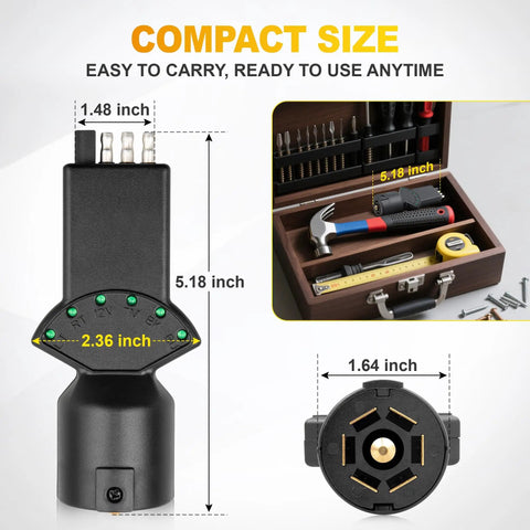 7 Way Blade and 4 Pin Trailer Light Circuit Tester With LED Indicators And 2 In 1 Design, 6 Function Light Tester For RV, Truck, Vehicle Side Sockets, And Tow Trailer Lighting Systems compact size with measurements