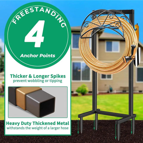 Heavy Duty Garden Hose Holder With Freestanding Steel Frame Holds Up To 160 Feet Of Hoses 4 Spikes Hose Reel with house background