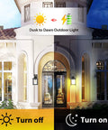 Dusk to dawn outdoor light scene with solar powered outdoor light with motion sensor, dual E26 bulbs on elegant house front.