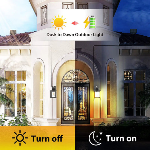 Dusk to dawn outdoor light scene with solar powered outdoor light with motion sensor, dual E26 bulbs on elegant house front.
