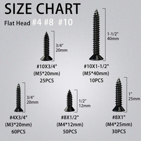 Size chart for Wood Screws Assortment Kit 175 Pieces With Phillips Flat Head Self Tapping Screws in Black Zinc Plated Carbon Steel