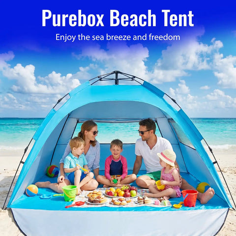 Family enjoying a picnic inside Easy Setup Beach Tent Sun Shelter For Family Beach Day Ideal 4 To 5 Person Shade With UV 50 Plus Protection.