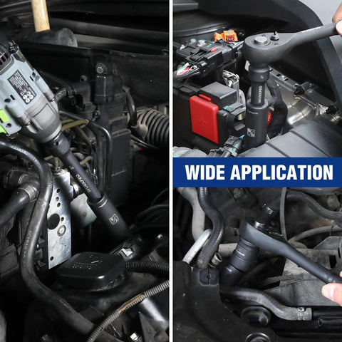 Using Half Inch Drive Deep Impact Socket Set with 6 Point Cr V Steel Sockets in SAE and Metric Sizes 10 to 27 mm on car engine