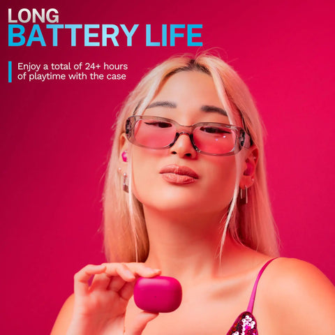 Person holding Go Pop ANC True Wireless Earbuds With Charging Case In Fuchsia against a pink background, emphasizing battery life.