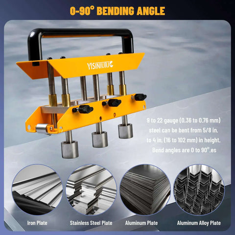 Three Station Edge Roller Bender for Sheet Metal showing 0 to 90 degree bending angle with steel plates.