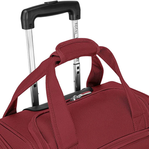 Underseat Carry On Bag With Expandable Design Softside Travel Case Your Go To Travel Companion 15 Inch Tablet Pocket Multi Pocket Organizer Premium Poly Ballistic Fabric 5 Stage Telescoping Handle For Easy Air Travel showing telescoping handle and fabric detail.