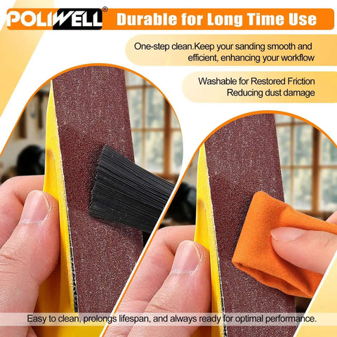 Using the 120 Pcs Micro Detail Sandpaper Kit to clean sandpaper with a brush and cloth on 3.5 x 1 inch block for various materials.
