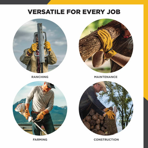 Heavy Duty Cowhide Leather Work Gloves For Men With Adjustable Wrist Gunn Cut Design Abrasion And Puncture Resistant Saddletan XL Ready To Tackle Ranching Farming And Construction shown in farming, ranching, construction, and maintenance tasks.