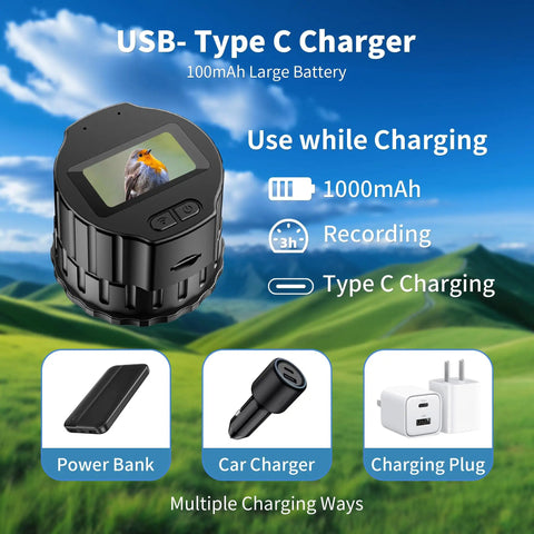 Wireless Telescope Eyepiece Camera With 64GB Memory, 1.5 Inch LCD Screen, shown with charging options and power specifications.