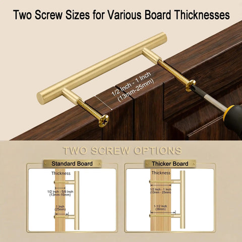 Heavy Duty 5 Pack Solid Brass Cabinet Pulls With Brushed Gold Finish and Smooth As Butter Drawer Handles That Are Built To Last and Give Your Kitchen Cabinets A Total Home Upgrade Vibe with two screw size options.