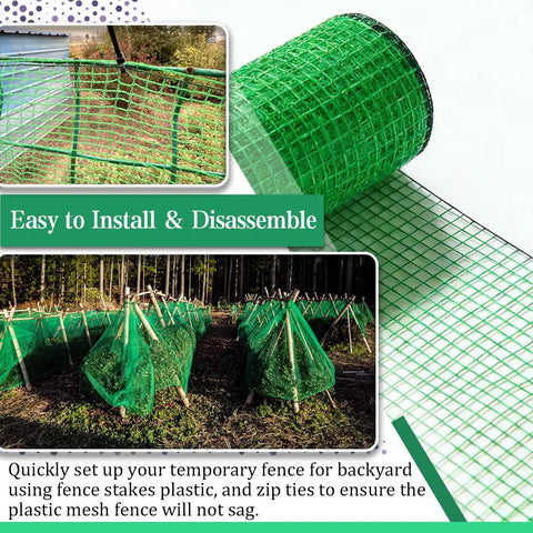 Temporary Garden Fence 4x100 Feet With 50 Zip Ties Heavy Duty Plastic Snow Fence Yard Barrier installed in garden.